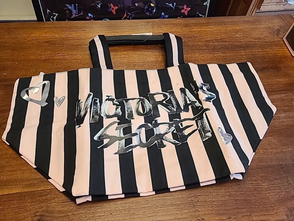 Victorias Secret Canvas Tote Travel Bag Black Pink Stripes Zipper Shoulder Strap